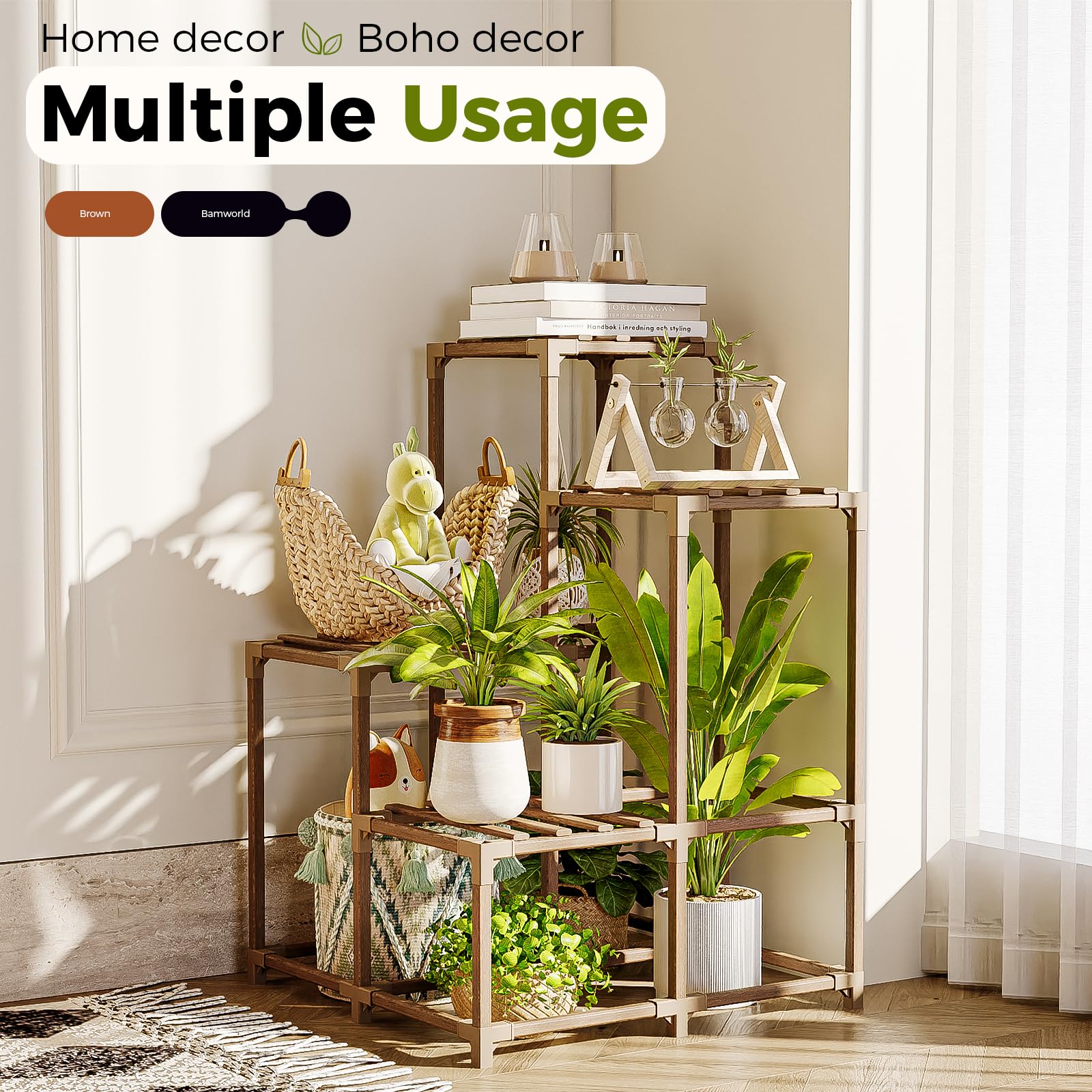 Natural Wood 4-Tier Corner Plant Stand Indoor Outdoor Shelf Rack in Brown