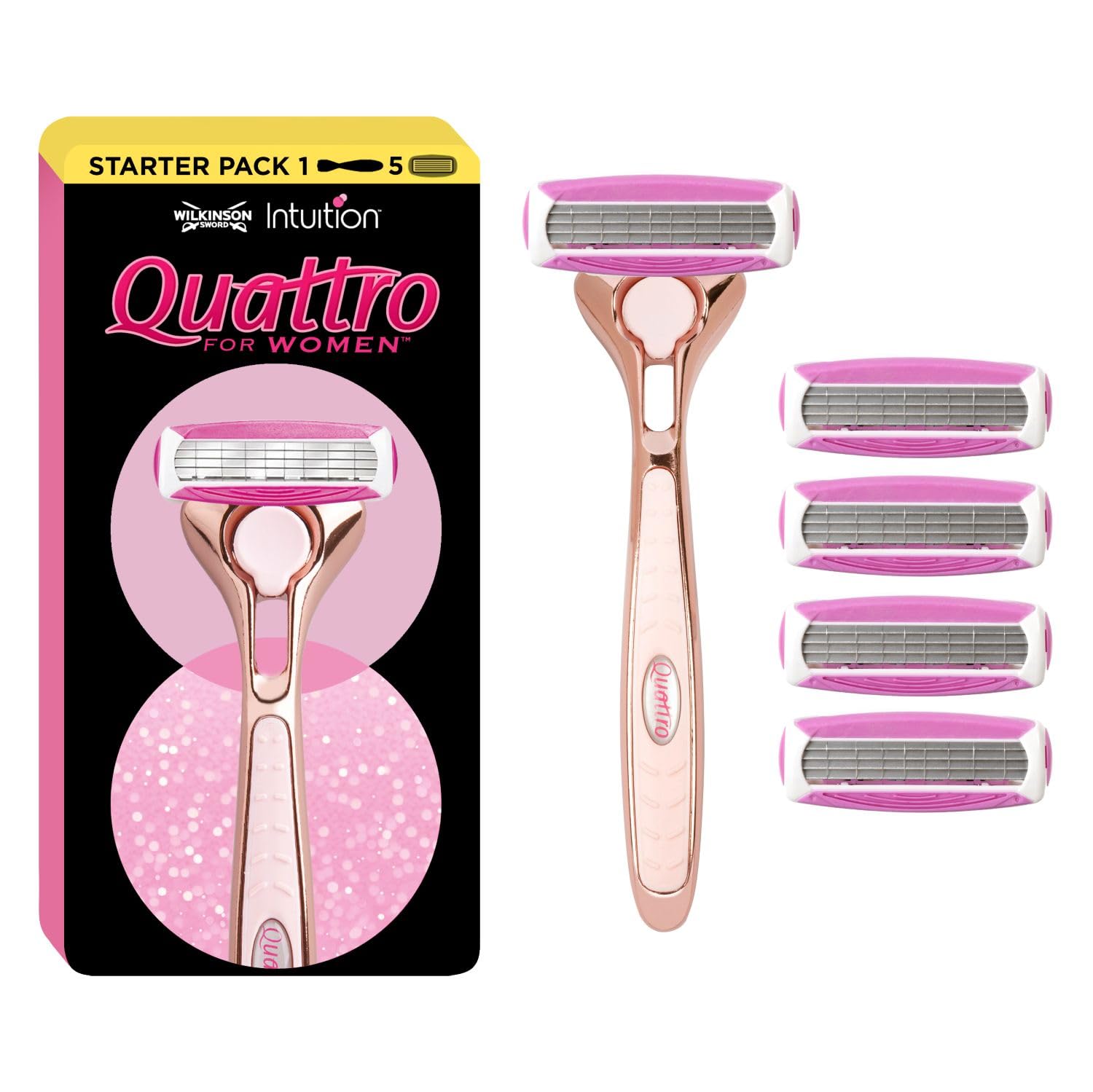 Wilkinson Sword Quattro For Women Premium Rose Gold Metal Razor +4 Blade Refills
