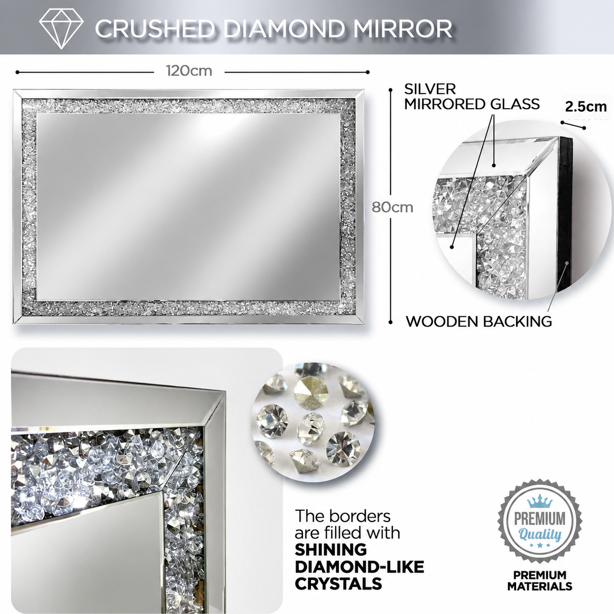 Crushed Diamond Luxury Mirror Wall Mounted 120 x 80cm Large Full Length Mirror in Silver