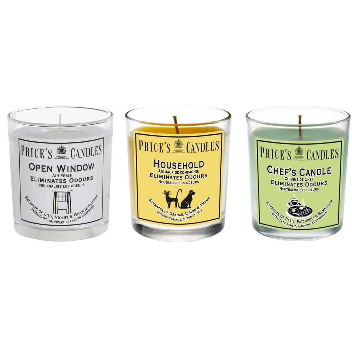 Price's Candles Set of 3 Fresh Air Odour Removing Jar Candles, Household, Chef & Open WIndow