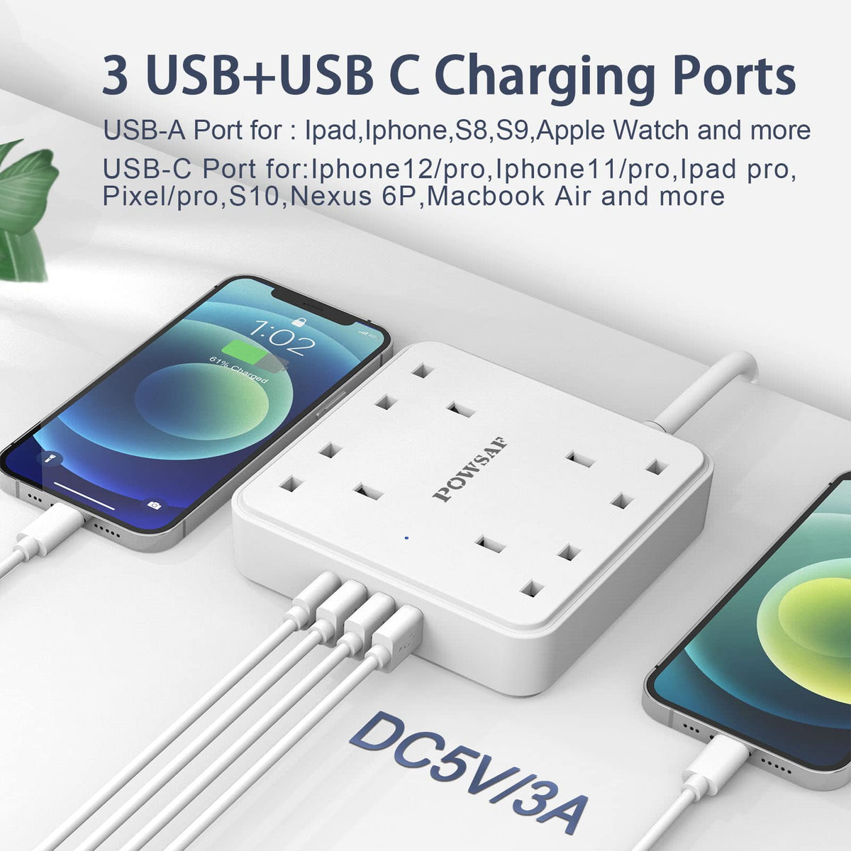 4 Way Extension Lead 2M with 4 USB Ports - Power Strip Extension Cord