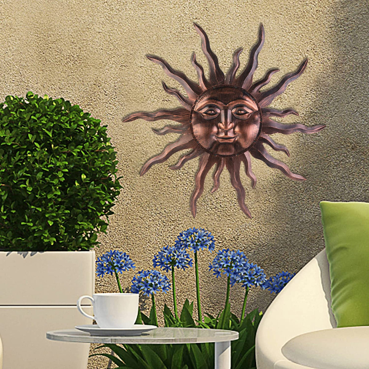 Large Metal Sun Wall Art Decor- 30 inches Sun Wall Hanging Bronze Decoration for Indoor Outdoor