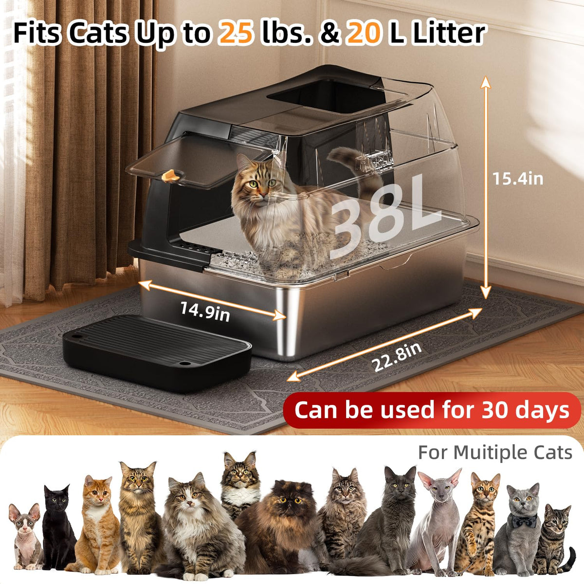Stainless Steel Cat Litter Box with Hood, Front Entry, Extra Large + Scoop & Mat