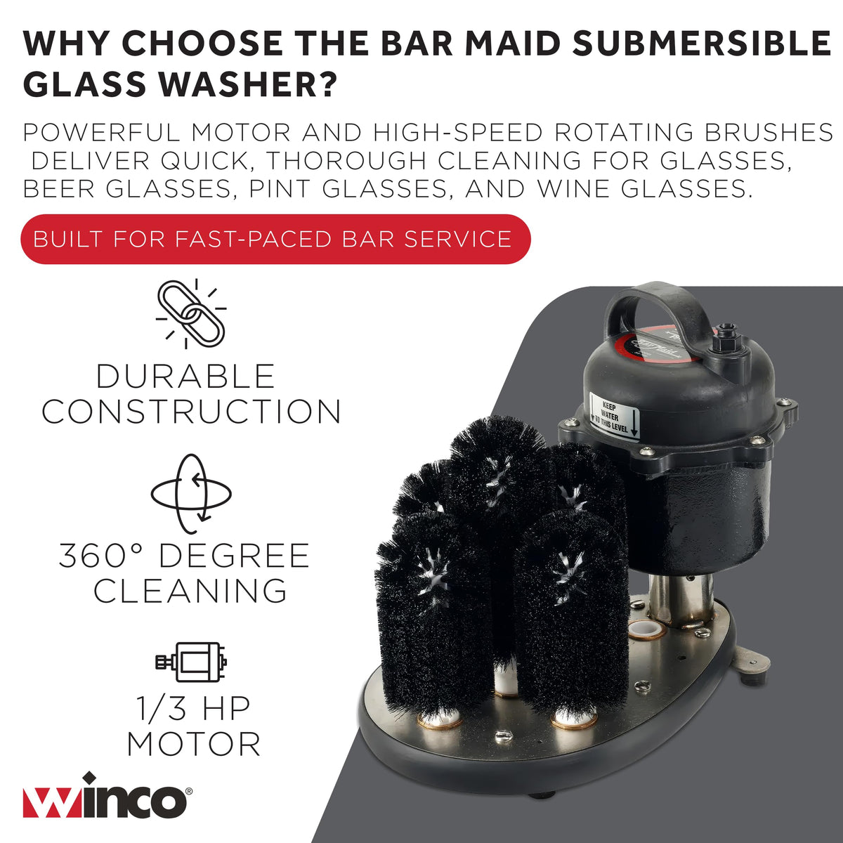 Bar Maid SS-100 5-Brush Submersible Electric Glass Washer for Catering/Restaurants/Pubs