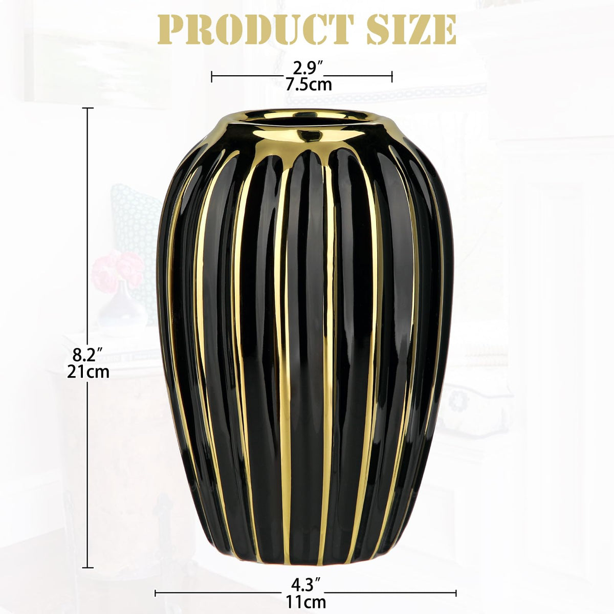 Black & Gold Ceramic Vase 9.8" Modern Ribbed Decorative Flower Vase