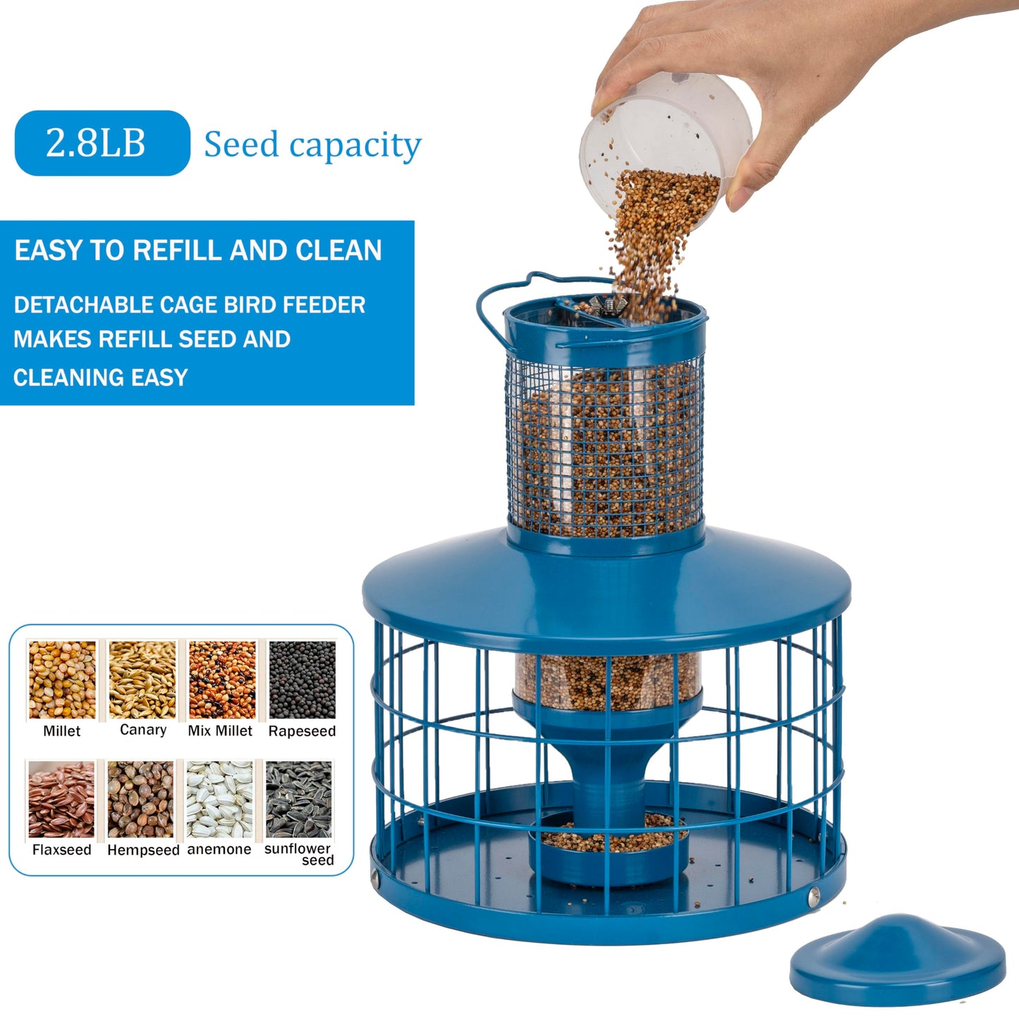 Squirrel-Proof Metal Bird Seed Feeder 1.3kg Capacity Blue Outdoor Hanging Wild-bird Tray