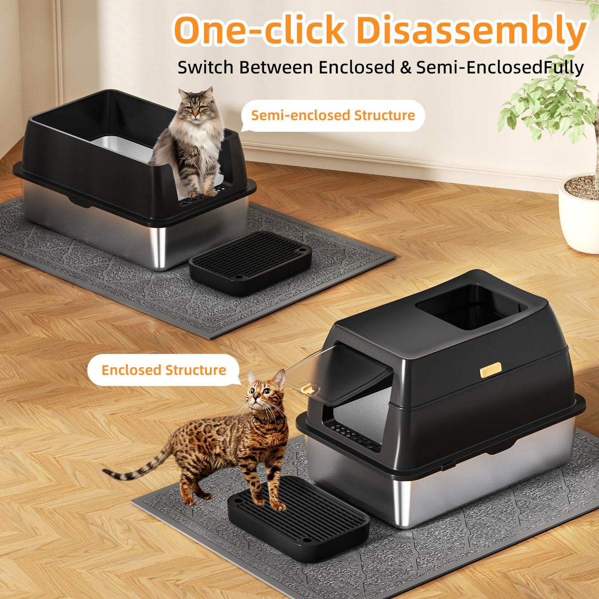 Stainless Steel Cat Litter Box with Hood, Front Entry, Extra Large + Scoop & Mat