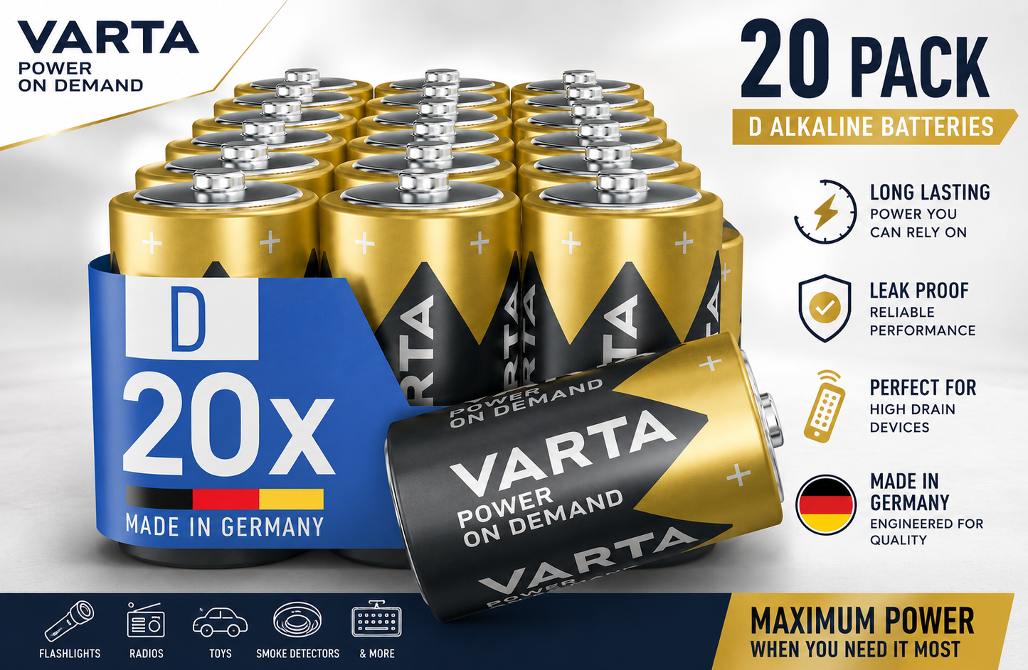 VARTA D Mono Alkaline Powerful Batteries Pack of 20 - Power on Demand