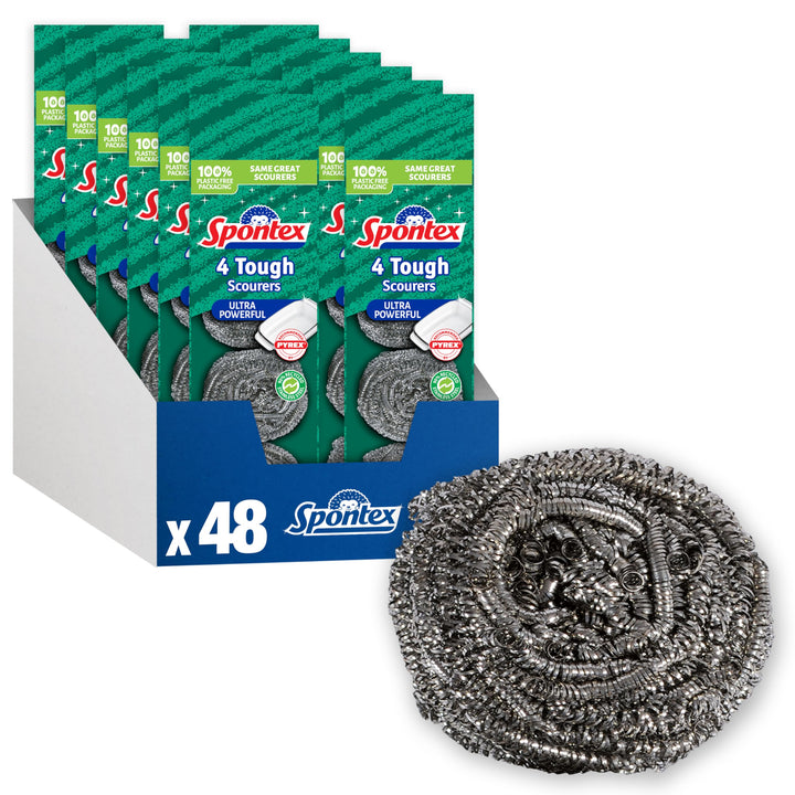 Spontex Tough Kitchen Scourers 48 Count | Stainless Steel Wire Wool