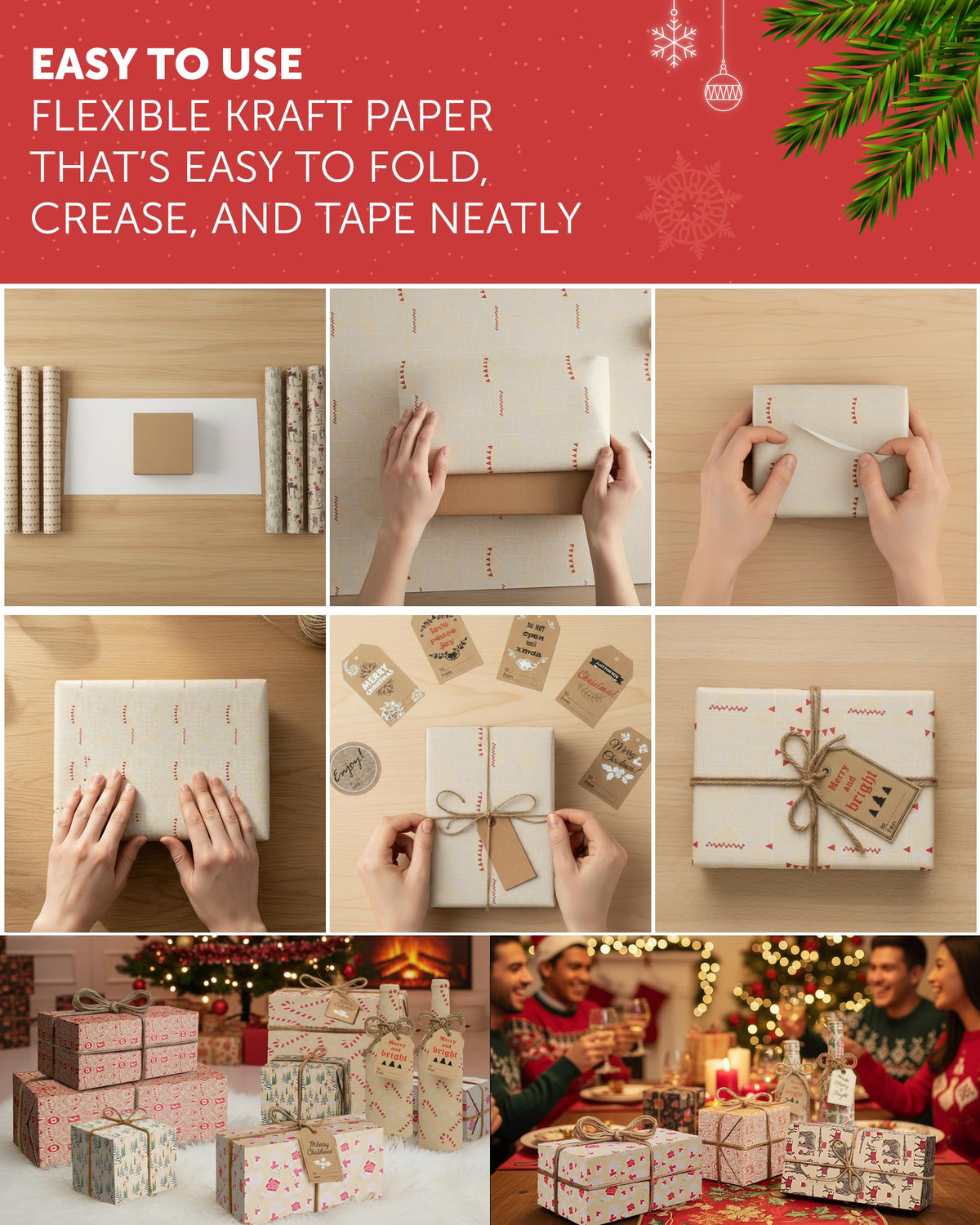 Kraft & Co Christmas Wrapping Paper 12 Sheets with Tags & Twine