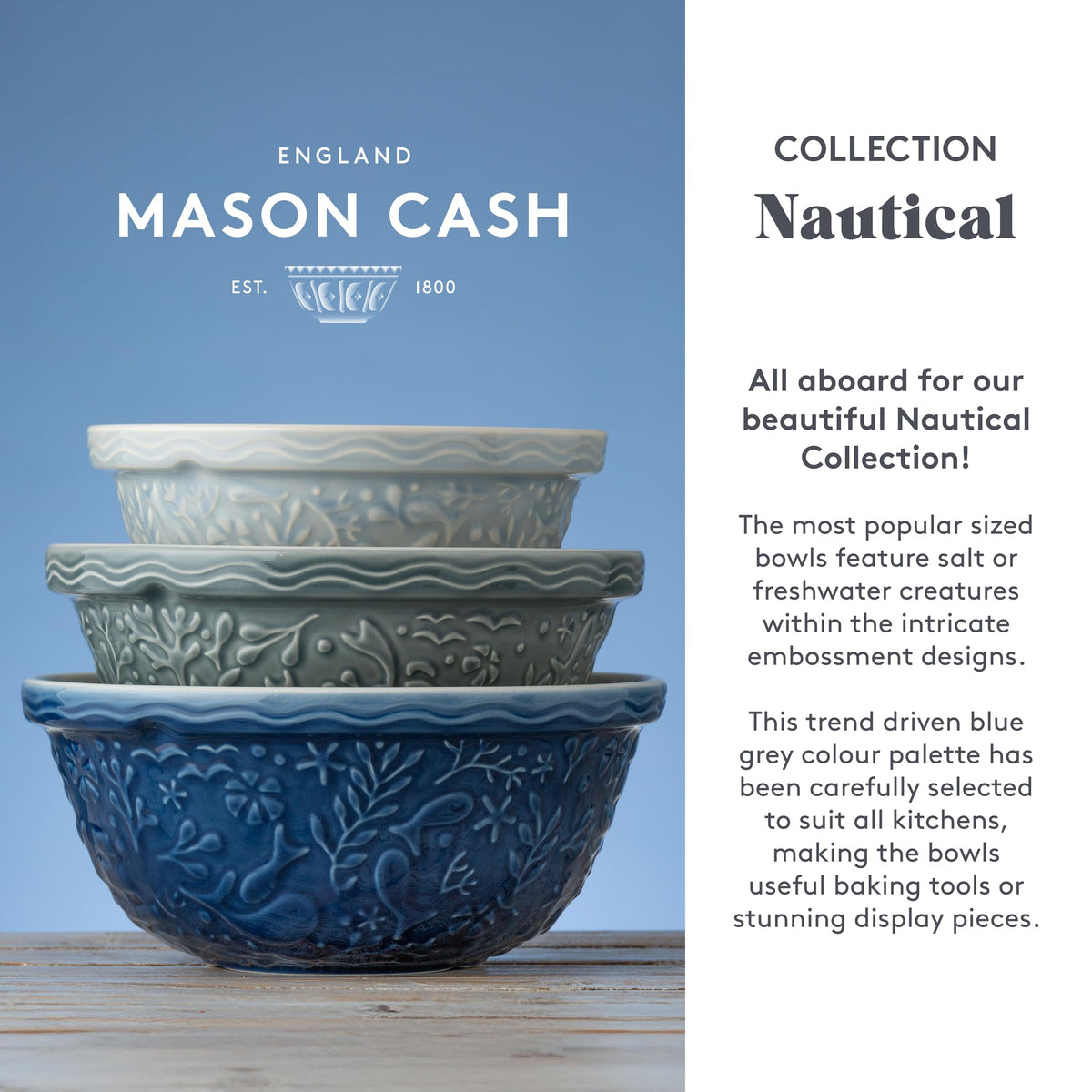 Mason Cash 2 Litre Nautical Mixing Bowl Light Blue Earthenware Sealife Design