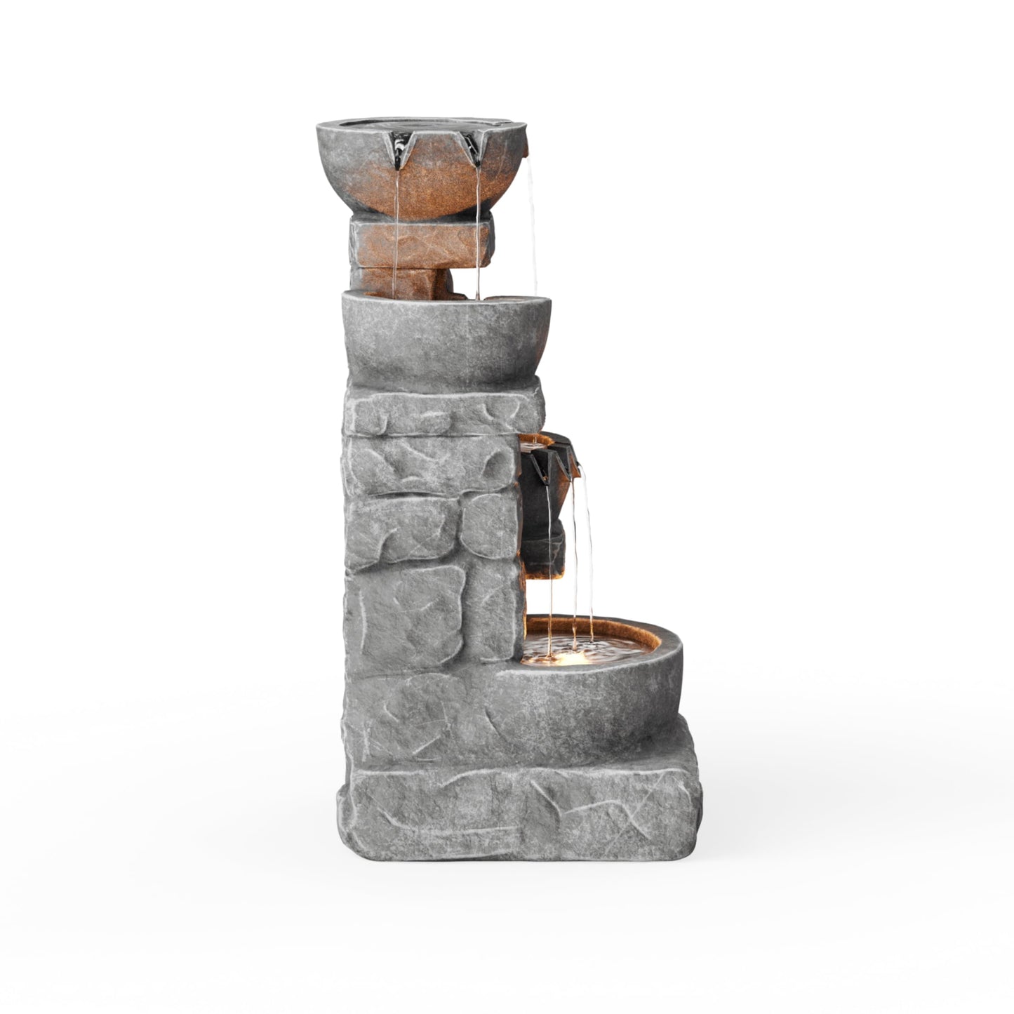 Cascading Bowls & Stacked Stone Outdoor Water Fountain with LED Light in Grey