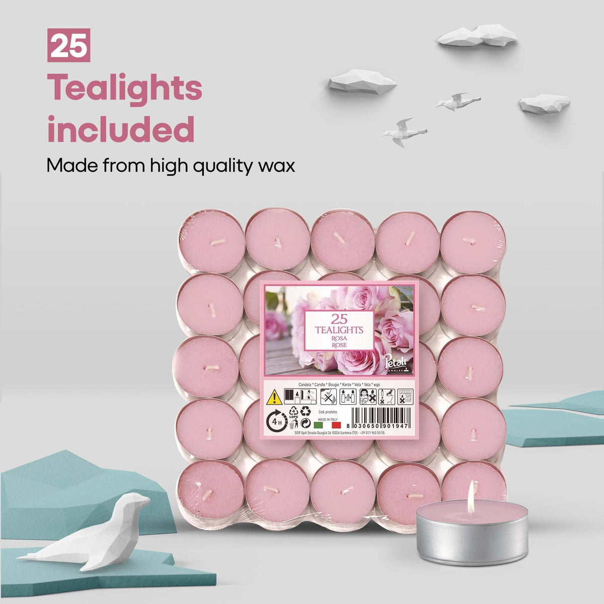 Price's Candles Petali Rose Scented Tealights 25 Pack, 4-5 Hour Burn Time