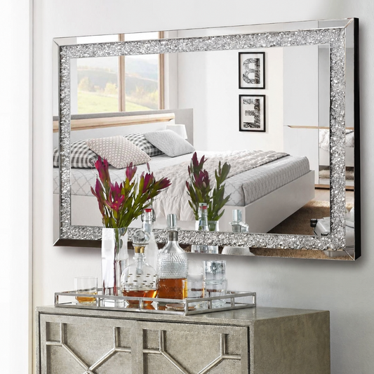 Crushed Diamond Luxury Mirror Wall Mounted 120 x 80cm Large Full Length Mirror in Silver