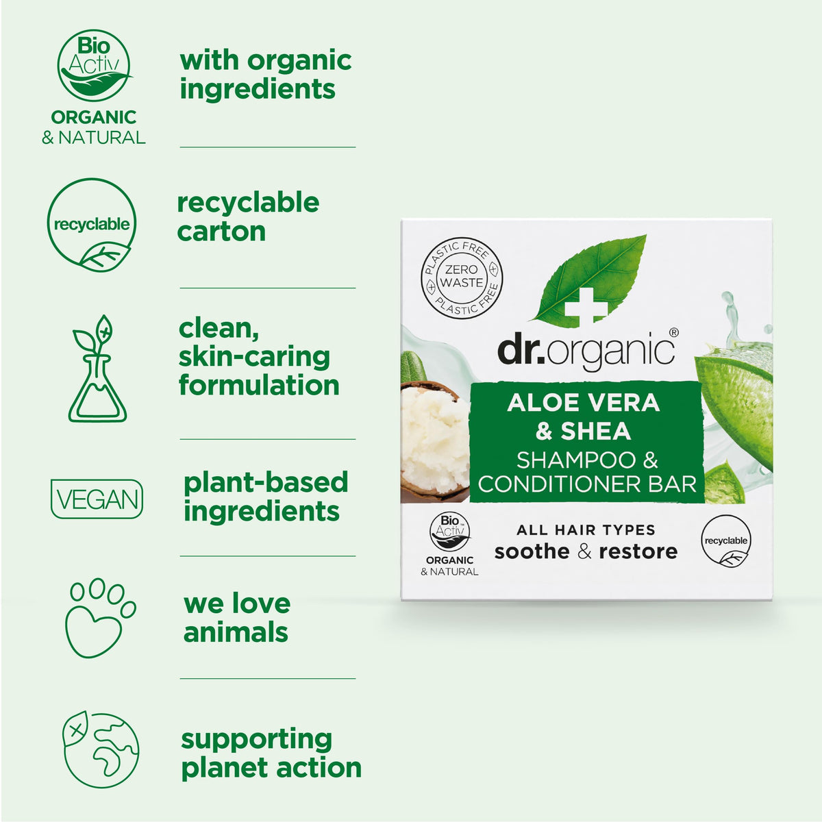 Dr Organic Aloe Vera & Shea Shampoo Conditioner Bar 75g Soothe & Restores