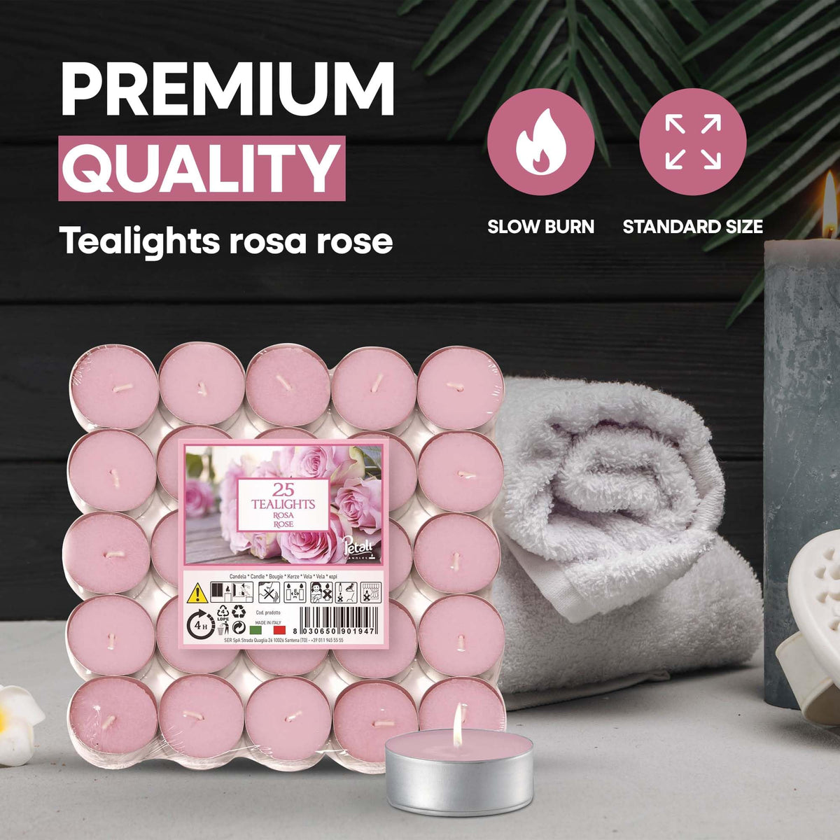 Price's Candles Petali Rose Scented Tealights 25 Pack, 4-5 Hour Burn Time