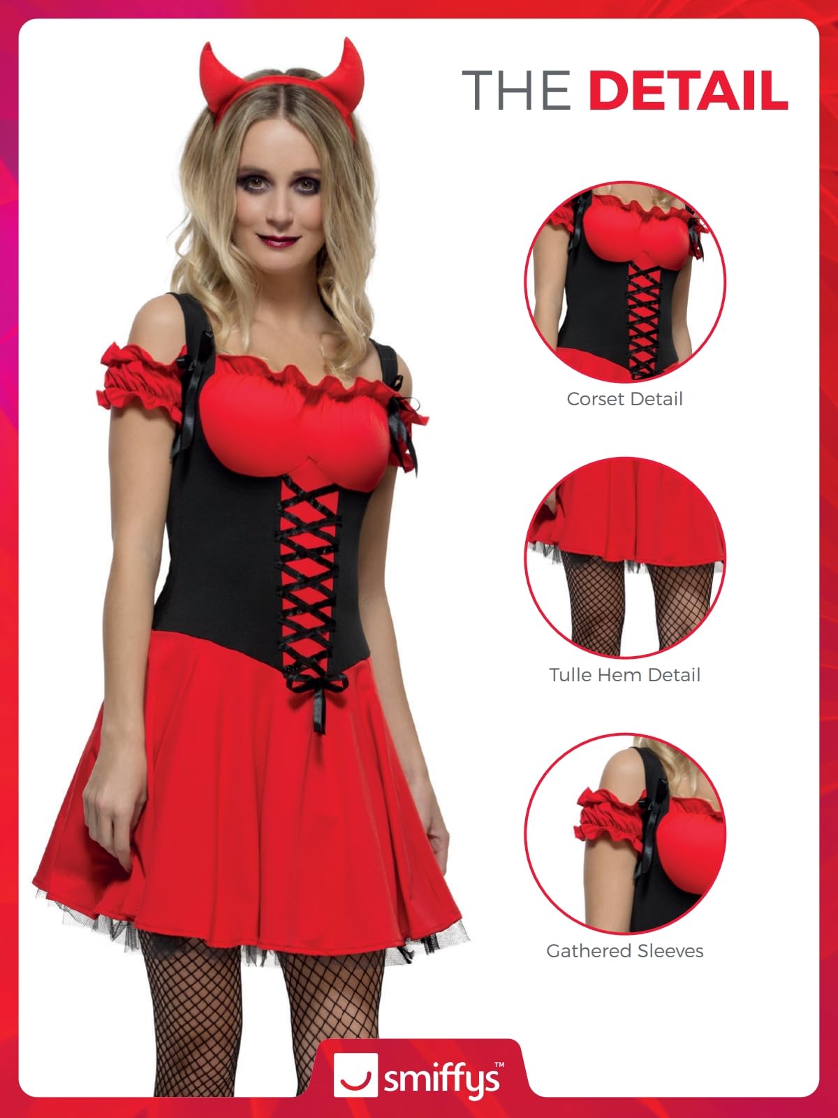 Smiffys Fever Wicked Devil Costume Red Dress with Horns 8-10