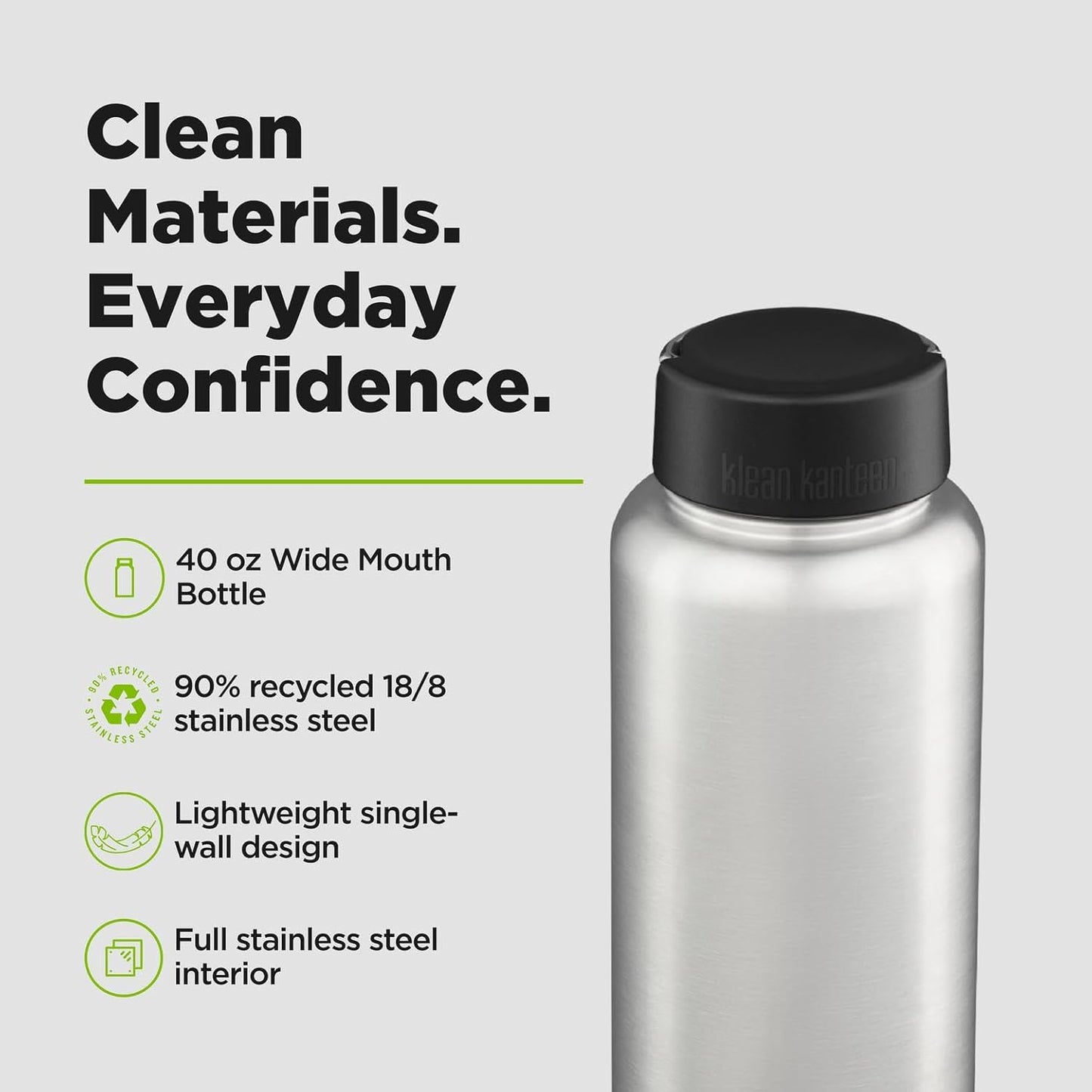 Klean Kanteen Classic 40oz Water Bottle Stainless Steel 18/8 Wide Mouth Loop