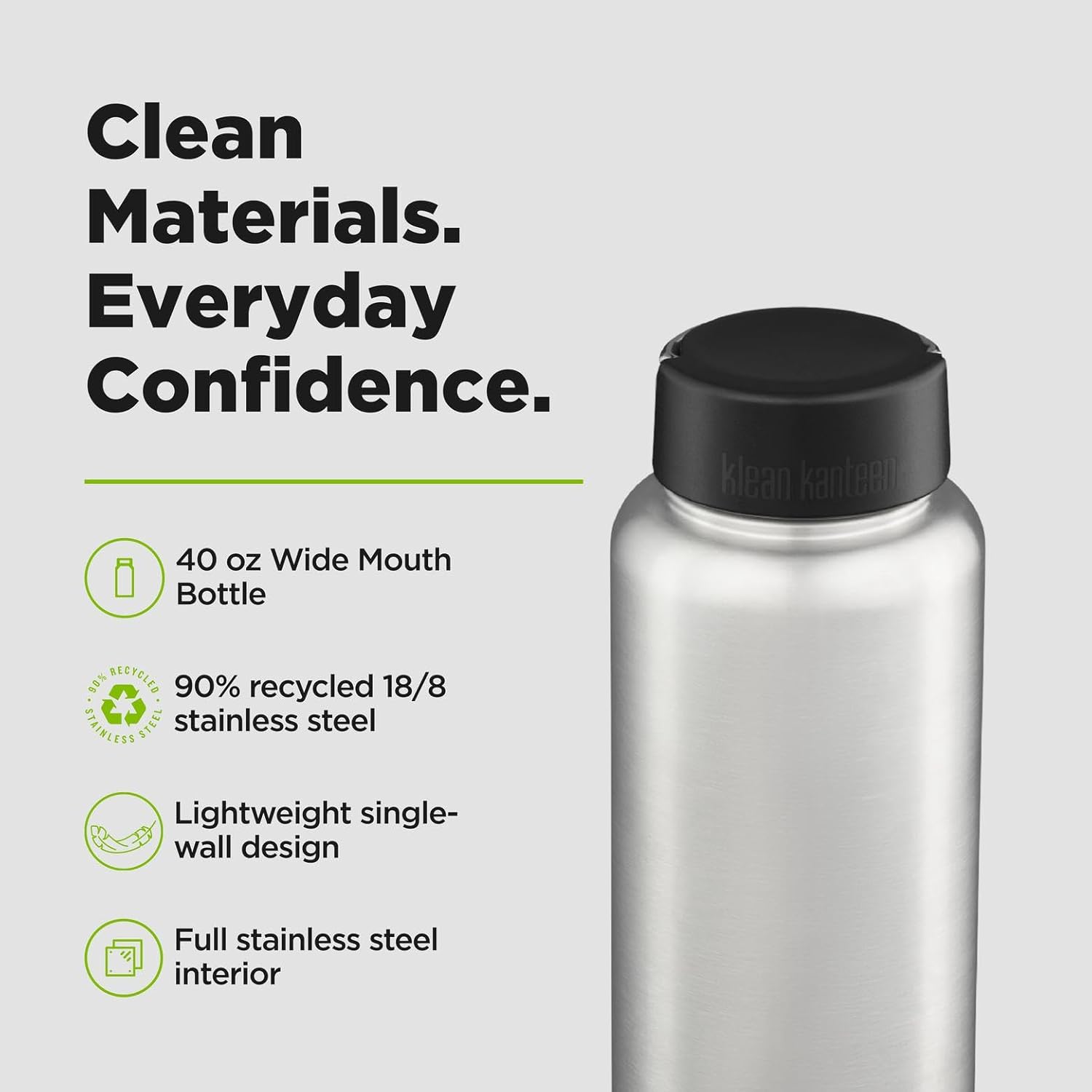 Klean Kanteen Classic 40oz Water Bottle Stainless Steel 18/8 Wide Mouth Loop