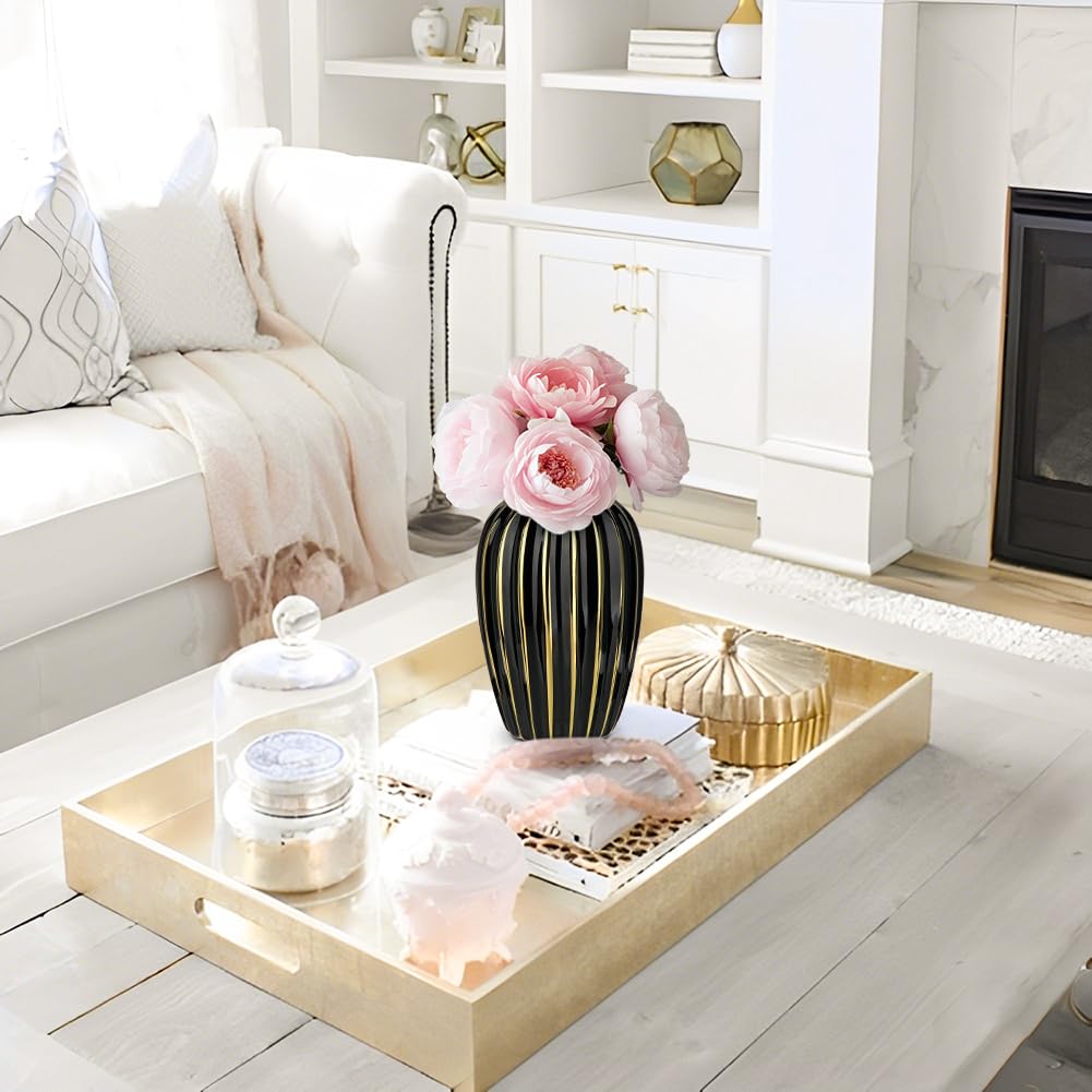 Black & Gold Ceramic Vase 9.8" Modern Ribbed Decorative Flower Vase