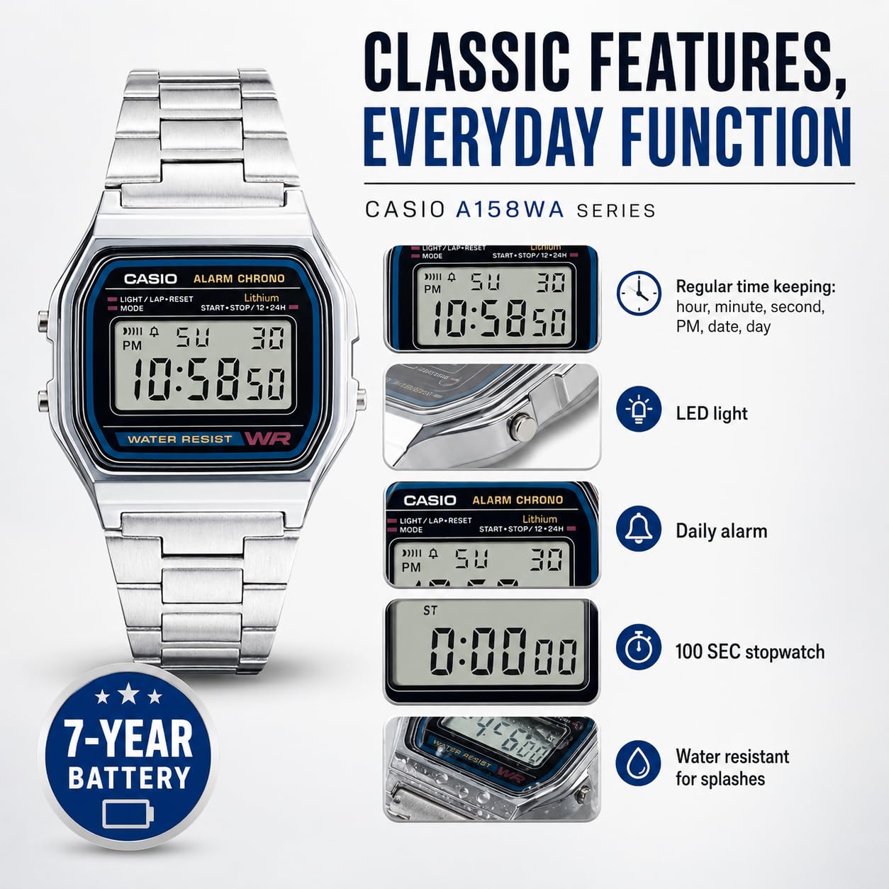 Casio Men's Digital Watch Stainless Steel Bracelet A158WEA-1EF