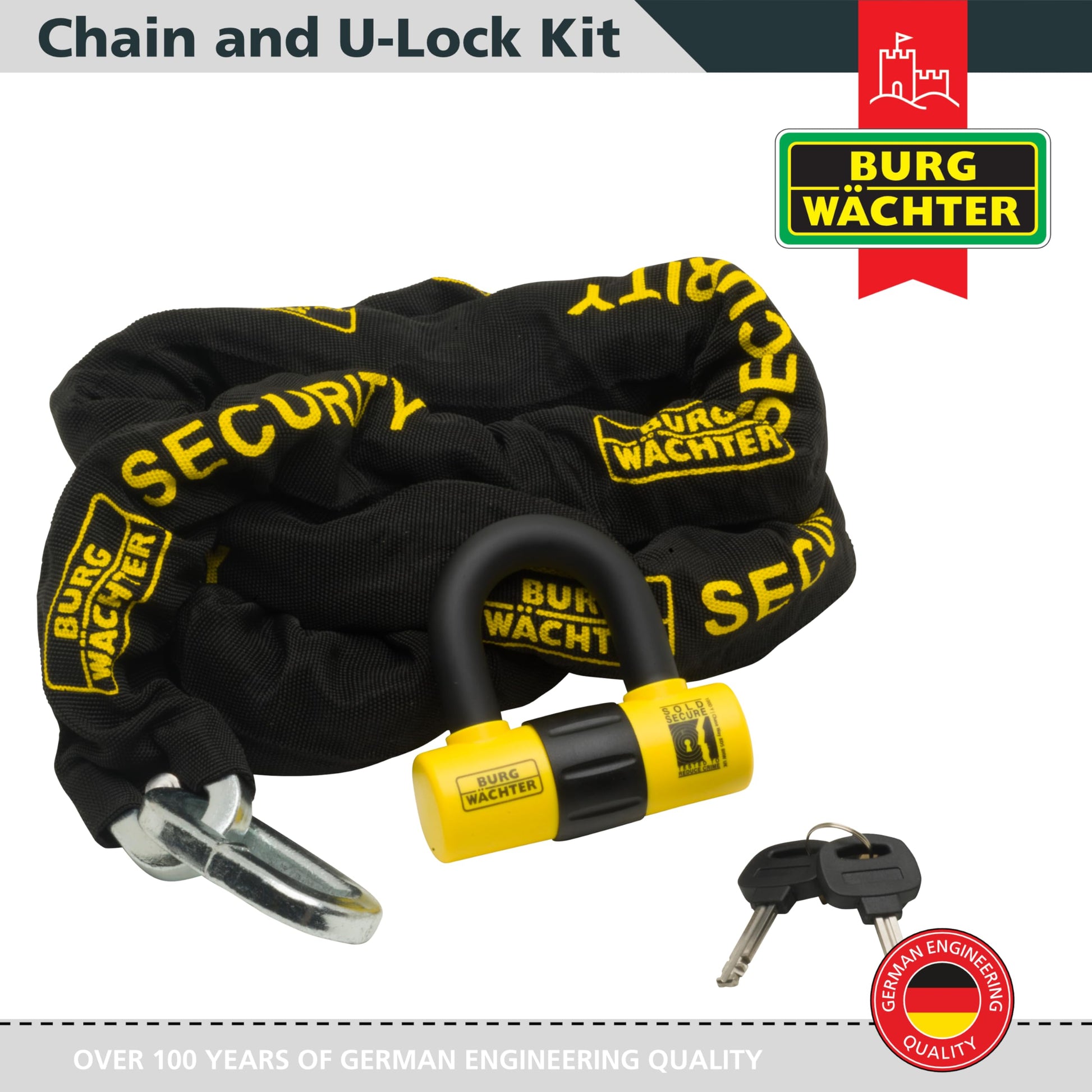 Burg Wachter Sold Secure Gold 12mm 2M Motorbike Chain Lock Kit