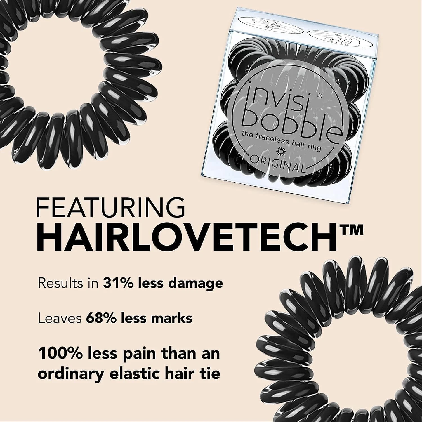 INVISIBOBBLE Original Black Spiral Hair Tie 3x3 Pack Traceless Strong Hold Hair Rings