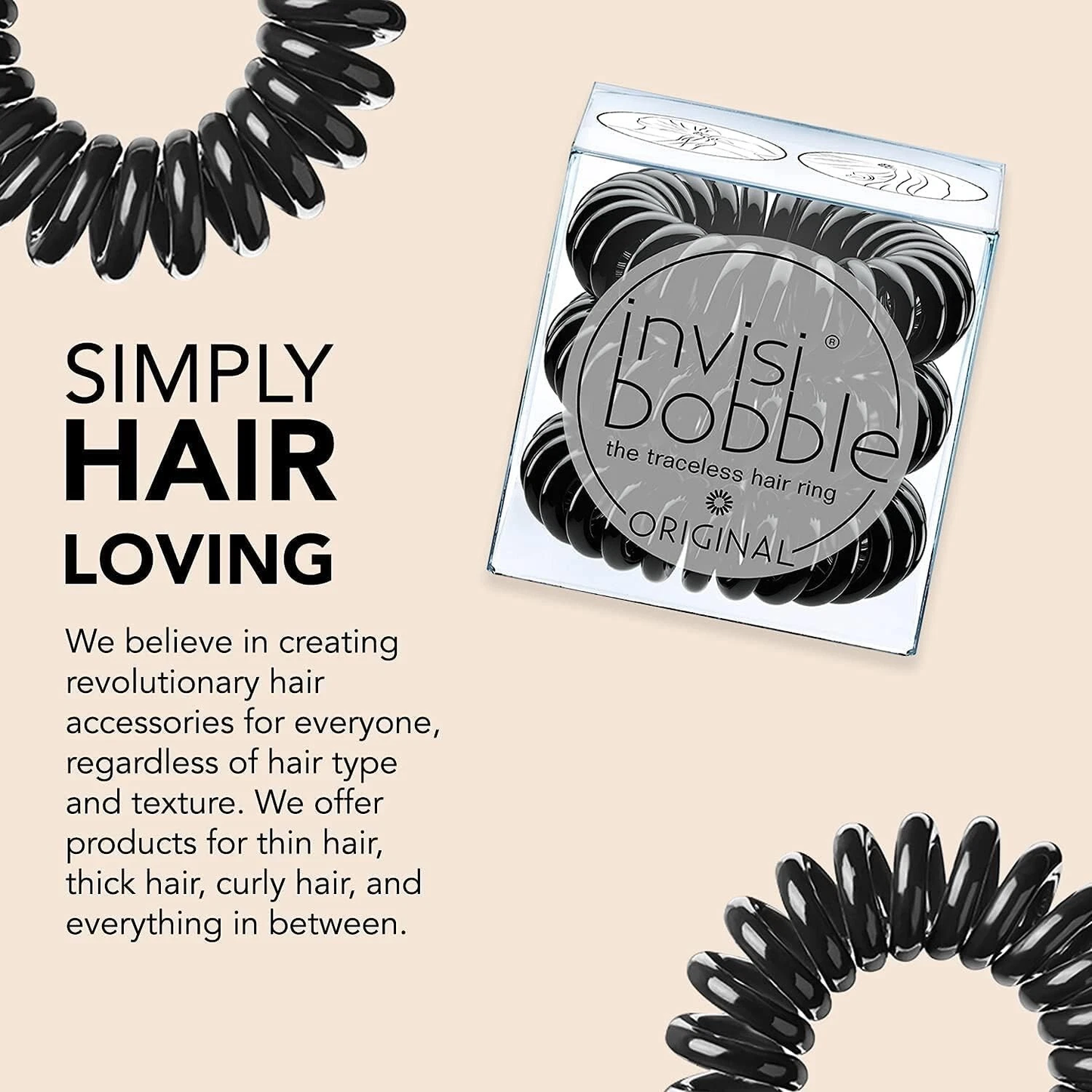 INVISIBOBBLE Original Black Spiral Hair Tie 3x3 Pack Traceless Strong Hold Hair Rings