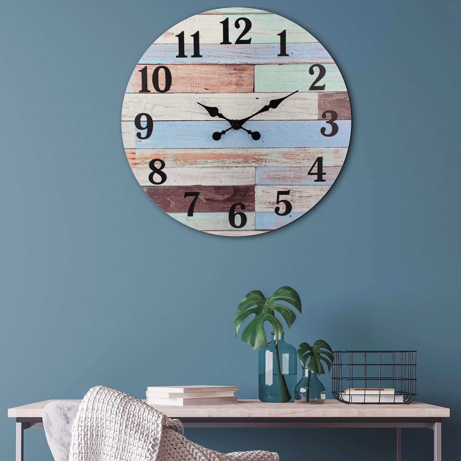 Rustic 23" Wall Clock in Wood Blue Vintage Coastal Style Design 
