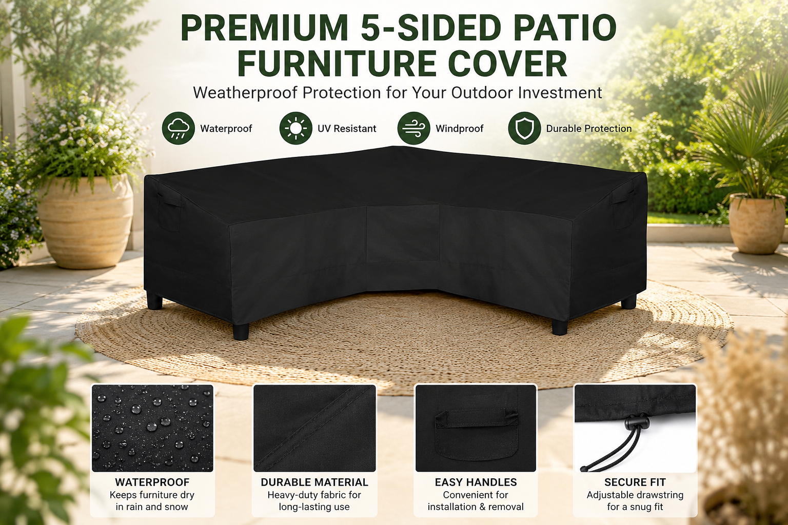 Black V-Shaped Sectional Sofa Cover Waterproof Heavy Duty 100"x100"