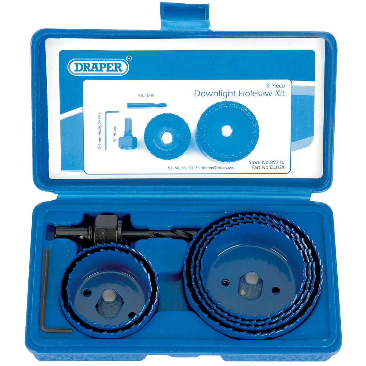 Draper 9-Piece Holesaw Kit for Downlights, Hole Cutter Set 51 to 86mm Carbon Steel Blades, HSS Pilot Drill, Hexagon Key - 89716