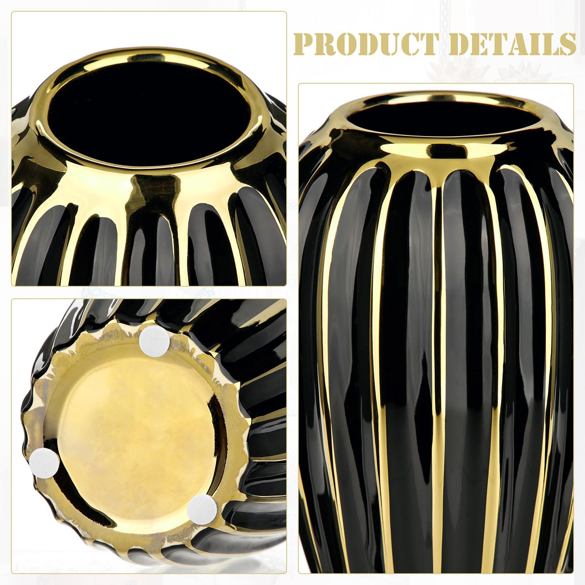 Black & Gold Ceramic Vase 9.8" Modern Ribbed Decorative Flower Vase