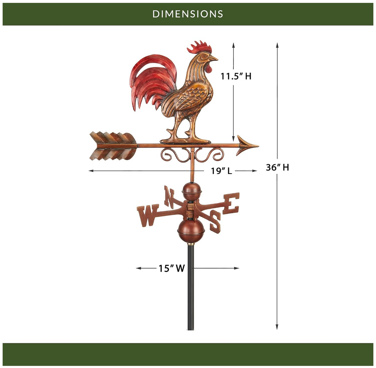 Red Rooster Weathervane Pure Copper Hand Finished Decorative Rooftop Compass