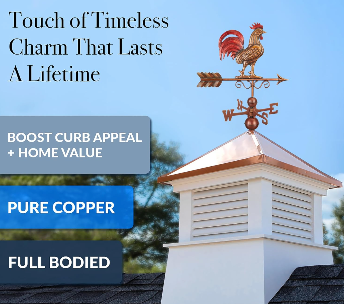 Red Rooster Weathervane Pure Copper Hand Finished Decorative Rooftop Compass