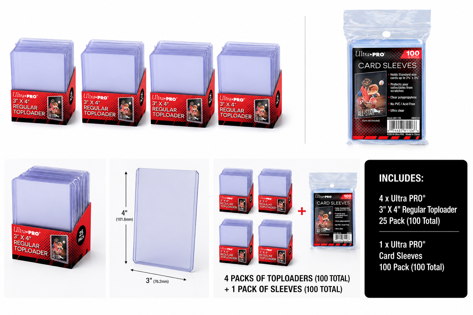 Ultra Pro Toploaders 3"x4" & Sleeve Bundle Clear 100x of Each MTG/Sports/Pokemon