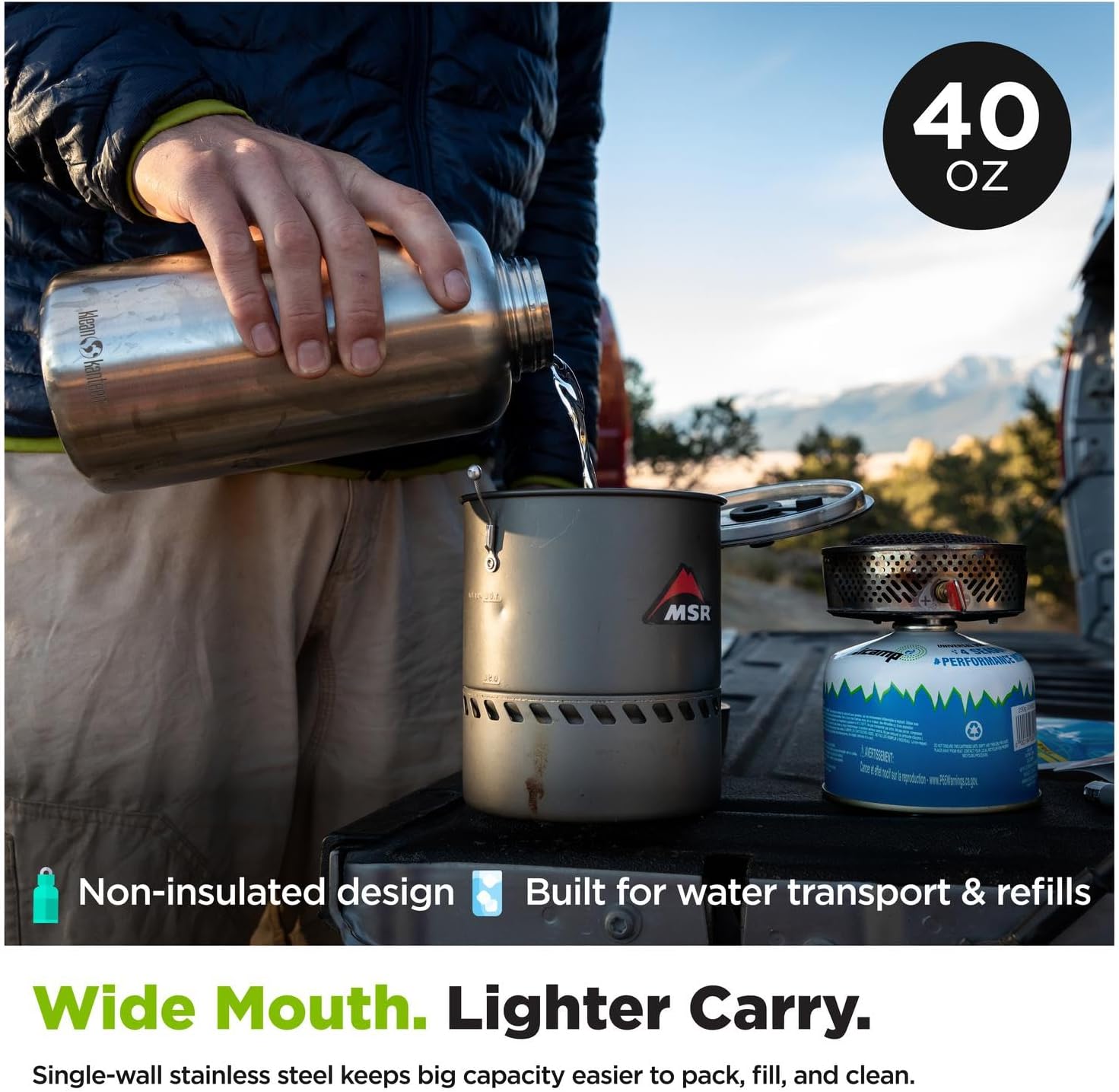 Klean Kanteen Classic 40oz Water Bottle Stainless Steel 18/8 Wide Mouth Loop