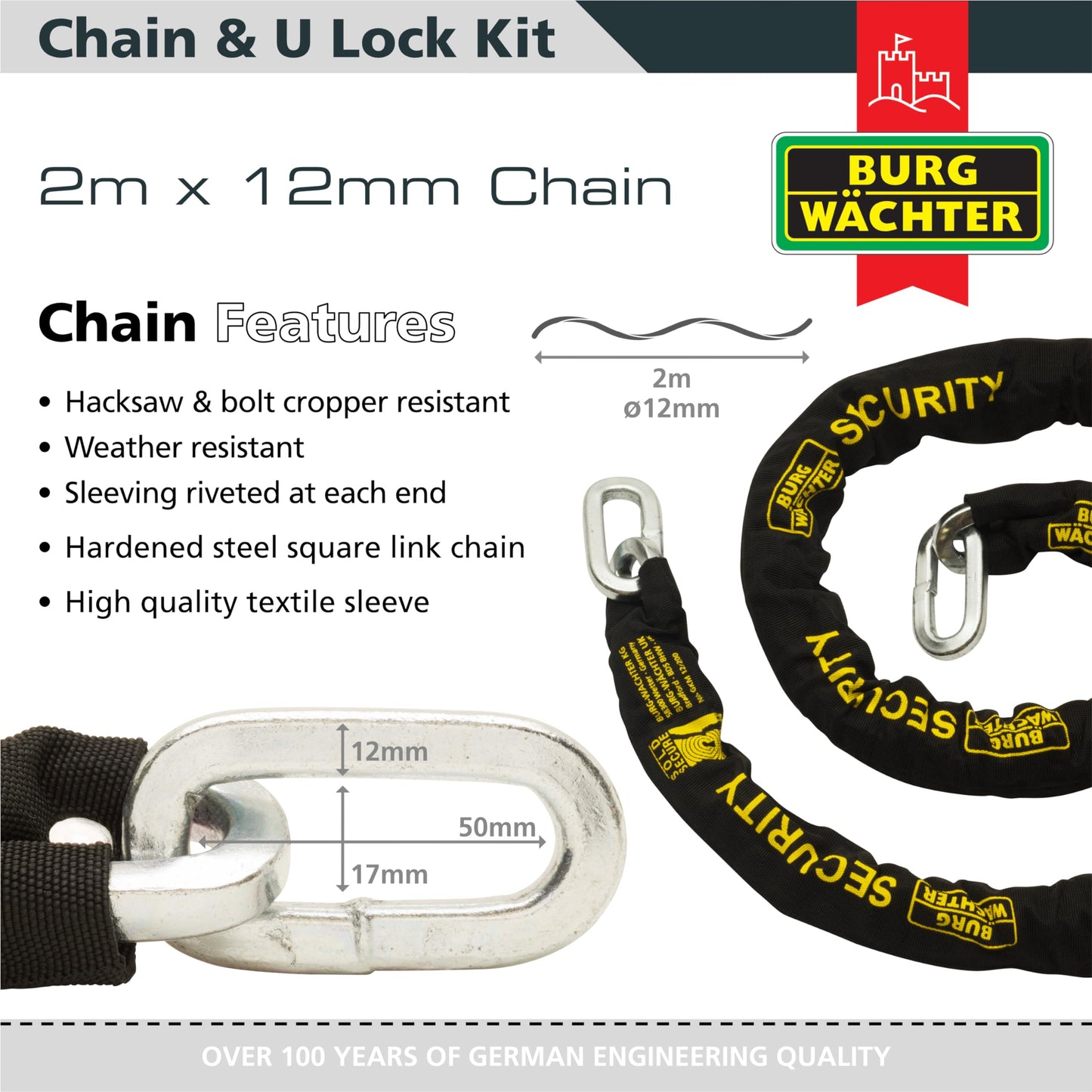 Burg Wachter Sold Secure Gold 12mm 2M Motorbike Chain Lock Kit