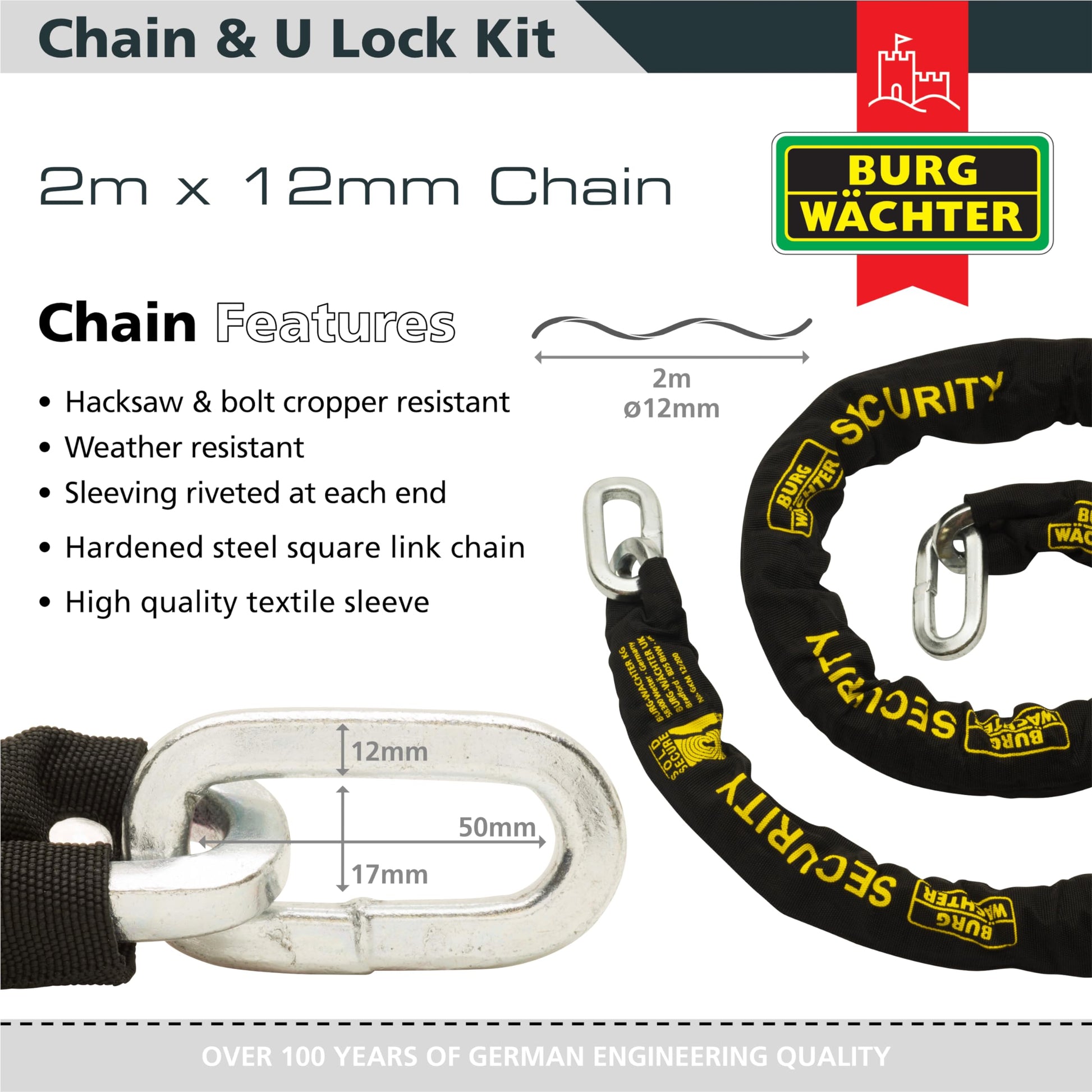 Burg Wachter Sold Secure Gold 12mm 2M Motorbike Chain Lock Kit
