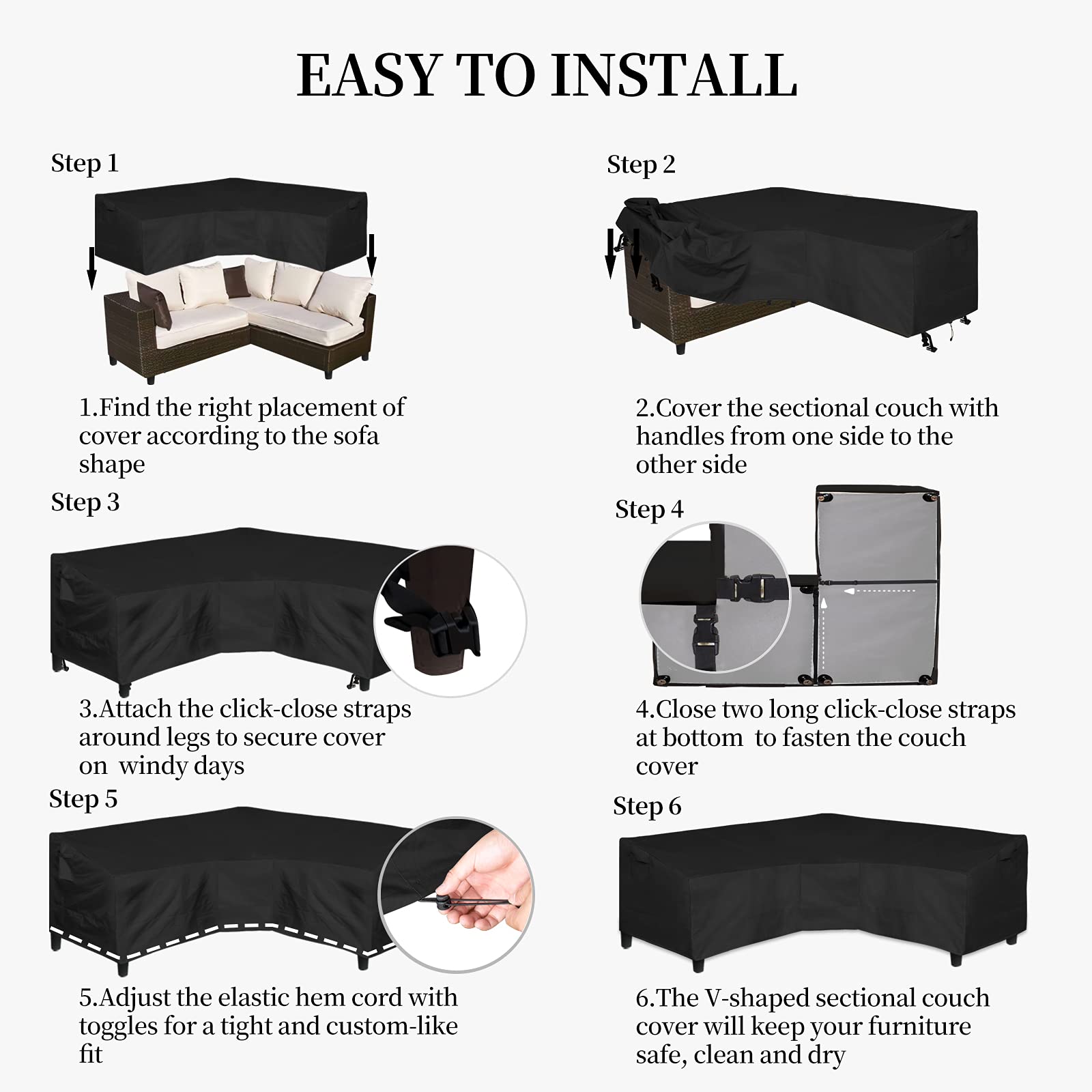 Black V-Shaped Sectional Sofa Cover Waterproof Heavy Duty 100"x100"