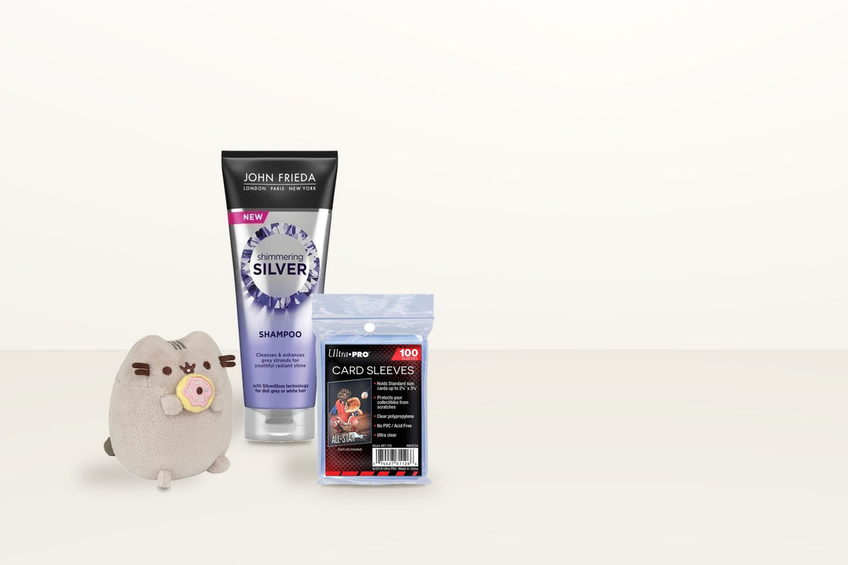 John Frieda shampoo, a Pusheen soft toy and a pack of Ultra Pro card sleeves
