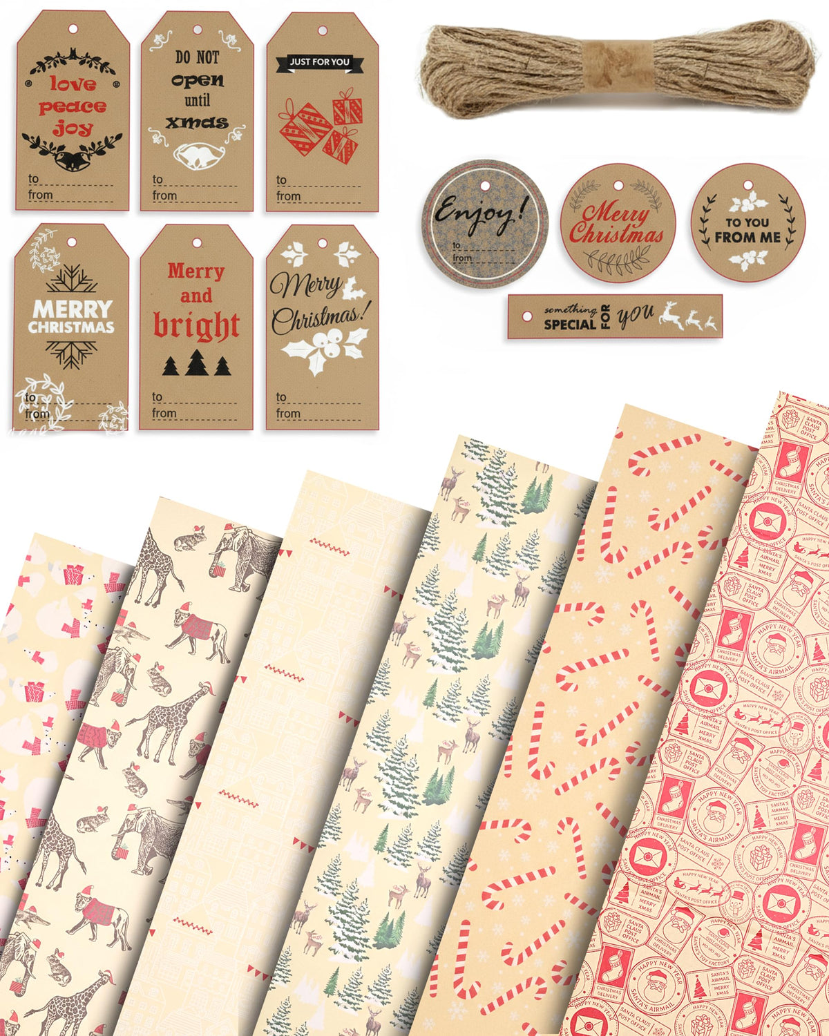 Kraft & Co Christmas Wrapping Paper 12 Sheets with Tags & Twine