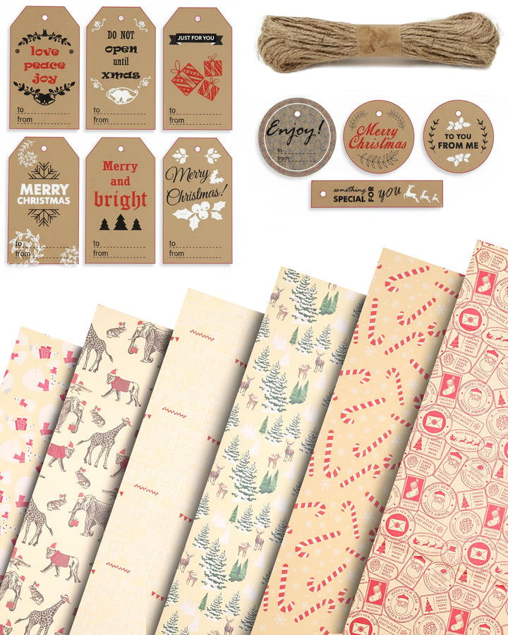 Kraft & Co Christmas Wrapping Paper 12 Sheets with Tags & Twine