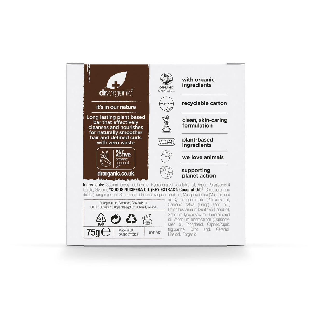 Dr Organic Coconut & Orange Shampoo Bar 75g | Natural Curly Hair