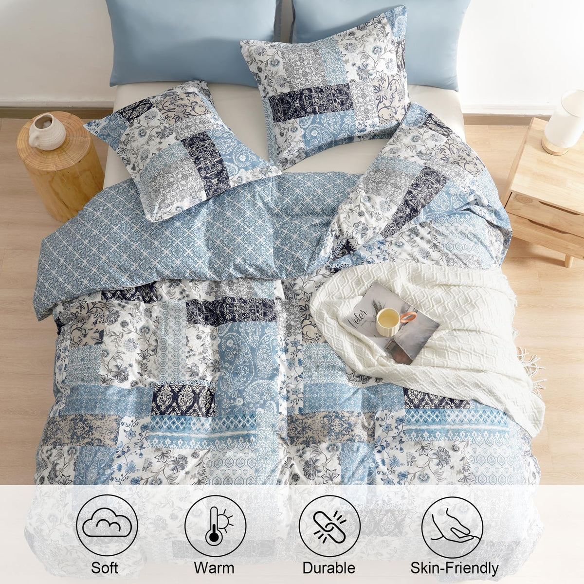 Ultra Soft Queen Duvet Cover Set 90x90 Blue Paisley Boho, Reversible Farmhouse Pattern