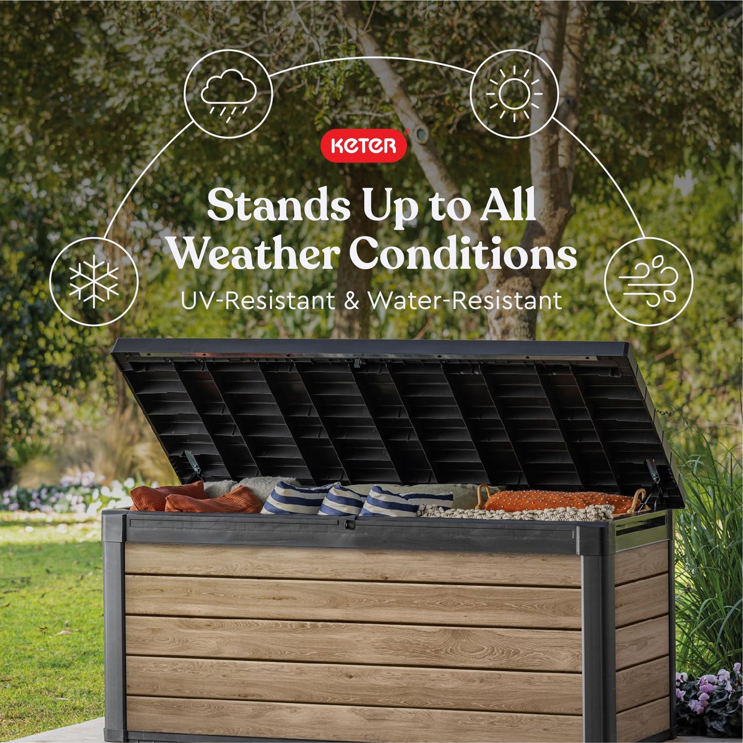 Keter Signature 570L Outdoor Storage Box Ashwood Brown Bench Seat