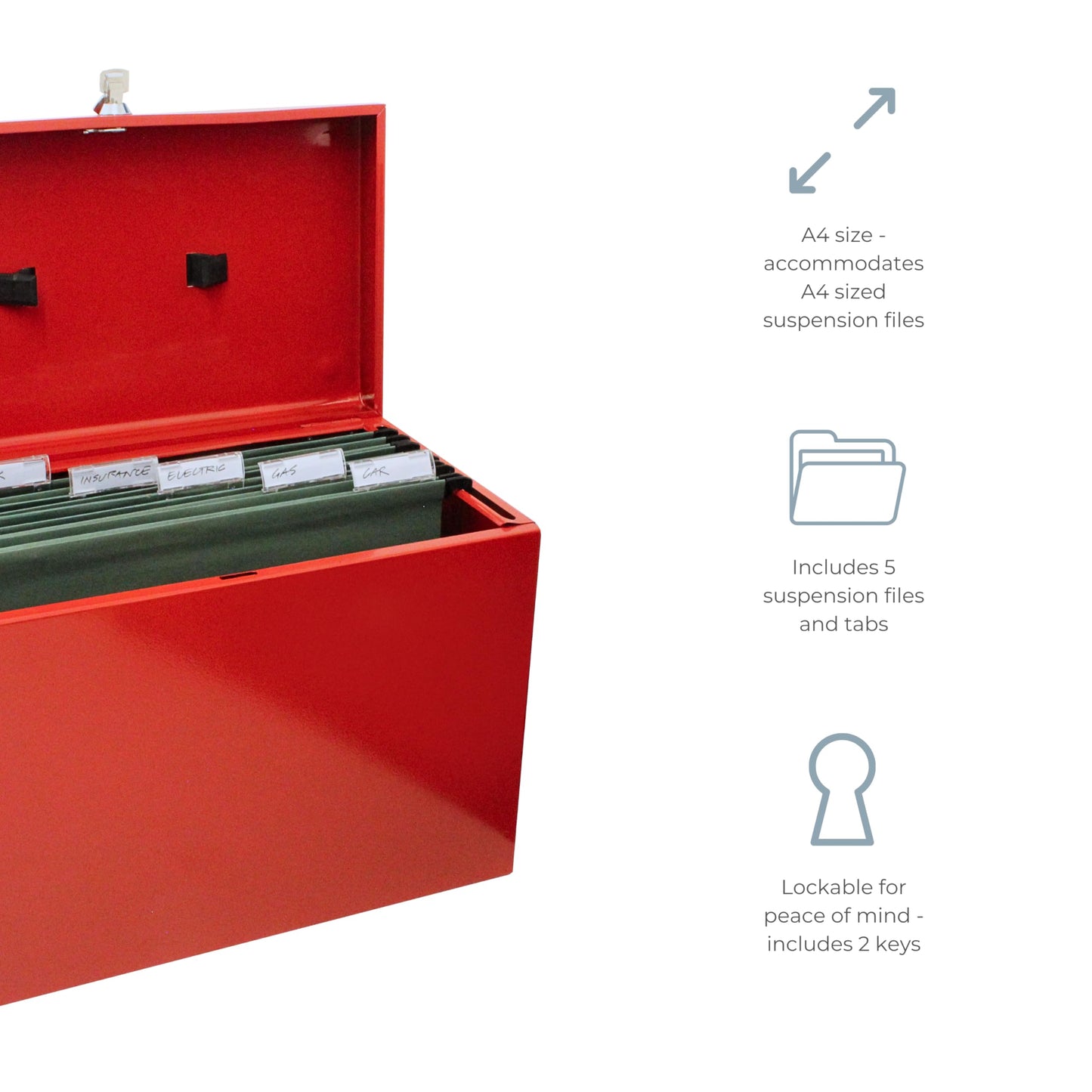 Cathedral Products A4 Steel File Box with 5 Suspension Files, with Key Lock in Red