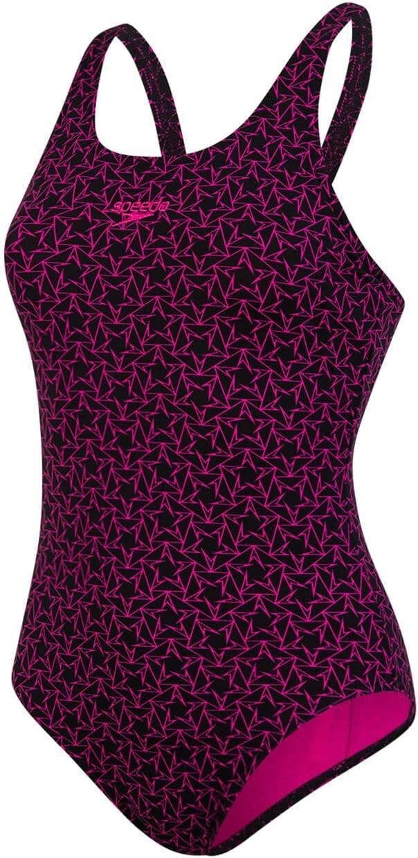 Speedo Women's UK8 Boom Star Allover Muscleback Swimsuit Black Electric Pink