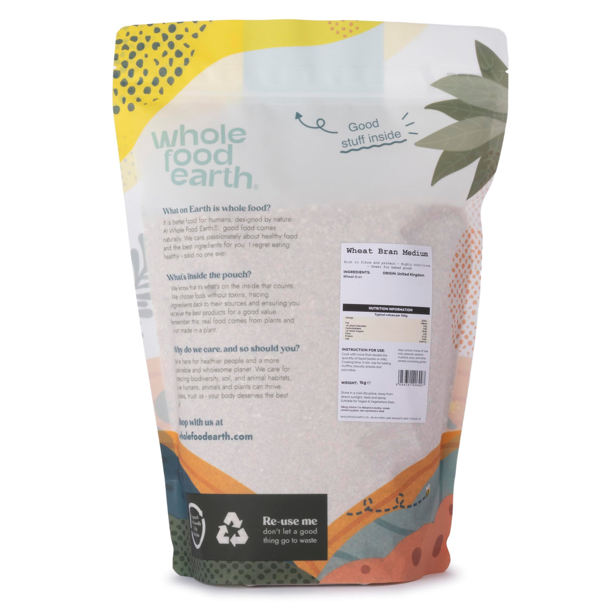 Wholefood Earth Wheat Bran Medium 1kg - High Fibre Vegan Baking