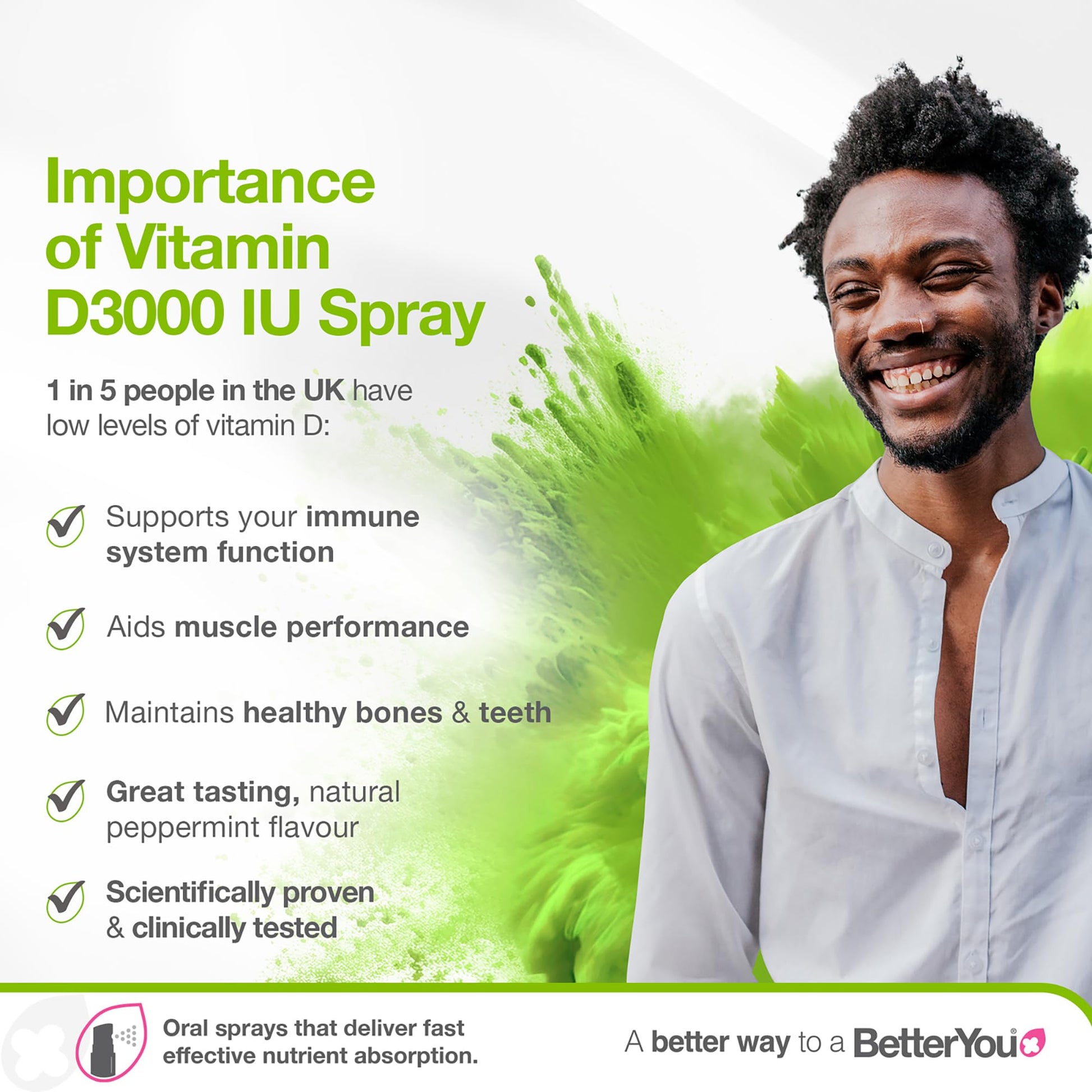 BetterYou Vitamin D3000 Oral Spray 25ml - Fast Absorbing Vitamin D Supplement 3000IU