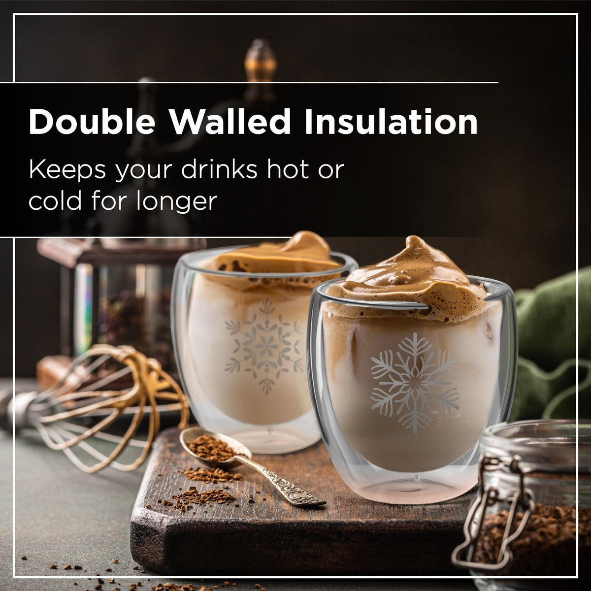 Premium Mulled Wine Glasses 220ml Set of 4, Double Walled Snowflake Design 8x8cm